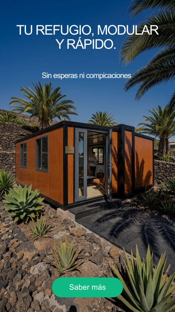 Contenedor expandible SMC junto a palmeras en Tenerife, montaje sin esperas